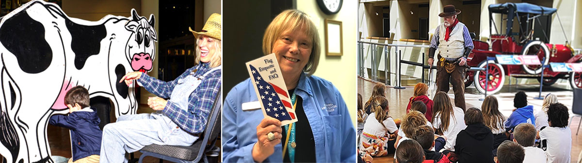 Collage showing a six volunteers in matching blue button-down shirts stand in the entry, and a volunteer handing out small US flags to visitors. 