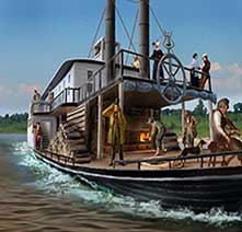 Colorful painting of men aboard a moving steamboat