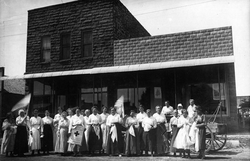 A row of women standing in front of a building. A few women wave flags or hold banners.
