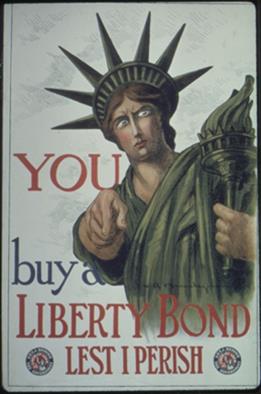 This illustrated poster shows the Statue of Liberty pointing at the viewer. The text reads: You. Buy a Liberty Bond. Lest I Perish.