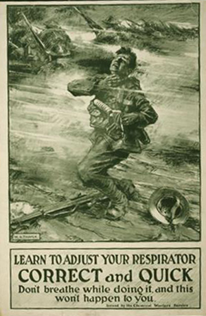 Illustrated poster of a soldier dropping to the ground as he clutches his throat. The text reads: Learn to adjust your respirator correct and quick. Don't breathe while doing it, and this won't happen to you. 