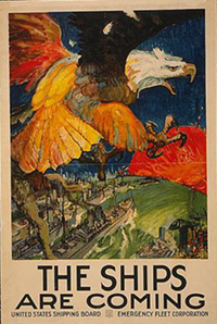 A brightly colored illustration of an eagle flying over ships. The text reads 'Send the eagle's answer. More ships. United States Shipping Board Emergency Fleet Corporation 