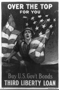 Illustration of a soldier gripping a billowing American flag with the text 'Over the top for you. Buy U.S. government bonds. Third liberty loan. 
