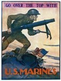Illustration of a running soldier carrying a large gun. The text reads 'Go over the top with U.S. marines'
