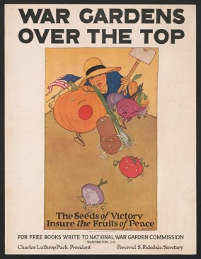 Poster of a woman holding a hoe and various vegetables with the text 'War gardens over the top. The seeds of victory insure the fruits of peace.'
