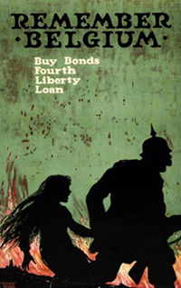 Poster showing the dark silhouette of a German soldier dragging a young woman behind him. The background is green with flames on the bottom and the text reads 'Remember Belgium. Buy bonds Fourth Liberty Loan.' 