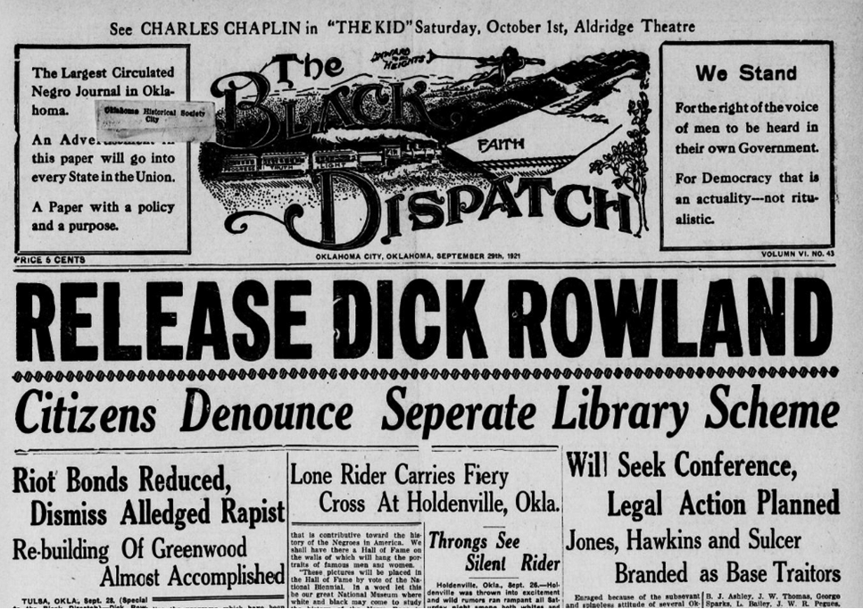Front page of the Black Dispatch for September 29, 1921. Major headline reads, Release Dick Rowland.