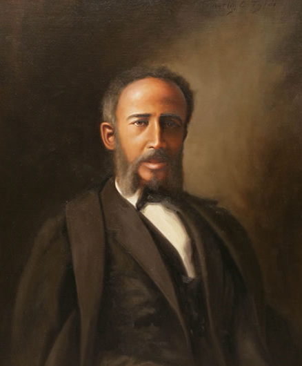 A painting of a Black man in a black suit with very large sideburns and a mustache.  