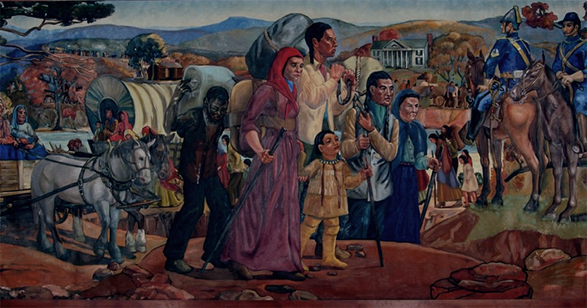A painting of a long line of people walking and traveling by wagon, with United States soldiers monitoring along the route.