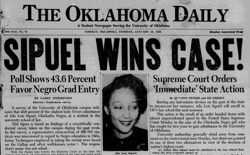 Front page of the Oklahoma Daily with a large headline reading 'Sipuel Wins Case.'