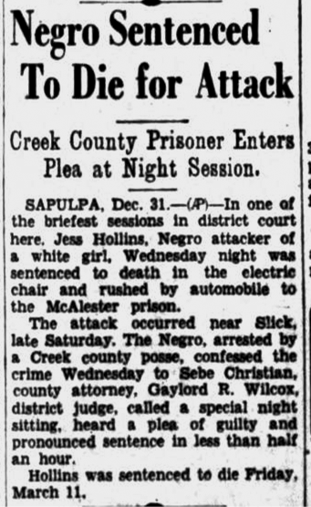 News article headline reads, 'Negro Sentenced to Die for Attach; Creek county Prisoner Enters Plea at Night Session.'