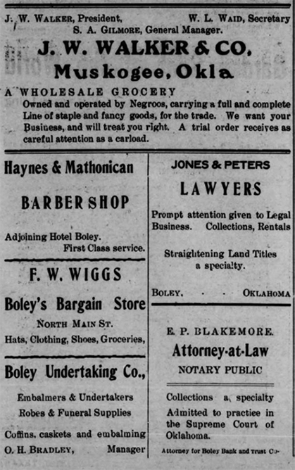 Classified ads showing grocery, barber shop, lawyers, undertakers, and clothing store. 