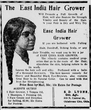 A clipping of a newspaper advertising a product called The East India Hair Grower, with a picture of a girl with long hair accompanying the text.