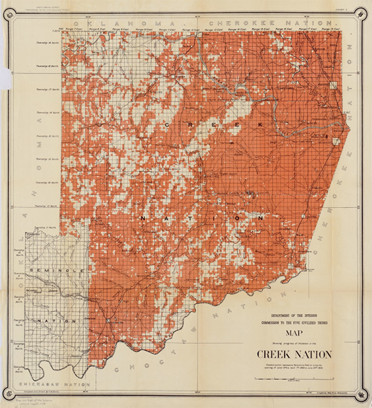 A map from 1902 of Muscogee Nation divided into plots. Some of the plots are shaded red while others are not. 