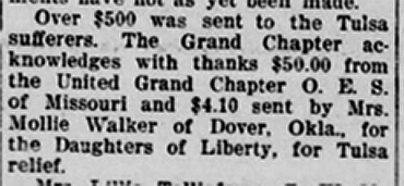 A snippet from the Black dispatch that reads, Over 500 dollars was sent to the Tulsa sufferers. The Grand Chapter acknowledges with thanks 50 dollars from the United Grand Chapter O. E. S. of Missouri and 4 dollars and 10 cents sent by Mrs. Mollie Walker of Dover, Oklahoma for the Daughters of Liberty, for Tulsa relief.