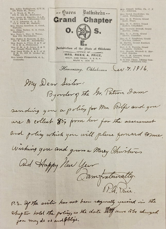 A letter written on Queen Bathsheba letterhead from Hennessey, Oklahoma in 1916.