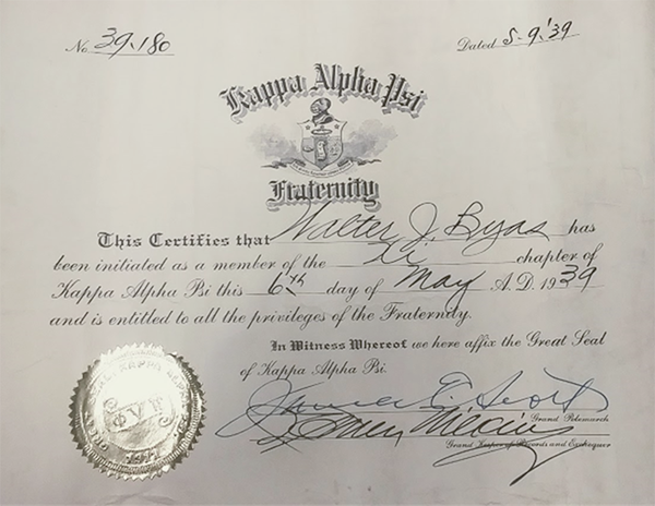 A membership certificate from Kappa Alpha Psi Fraternity. 