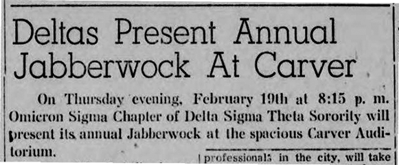 A news clipping with the headline, Deltas Present Annual Jabberwock at Carver.