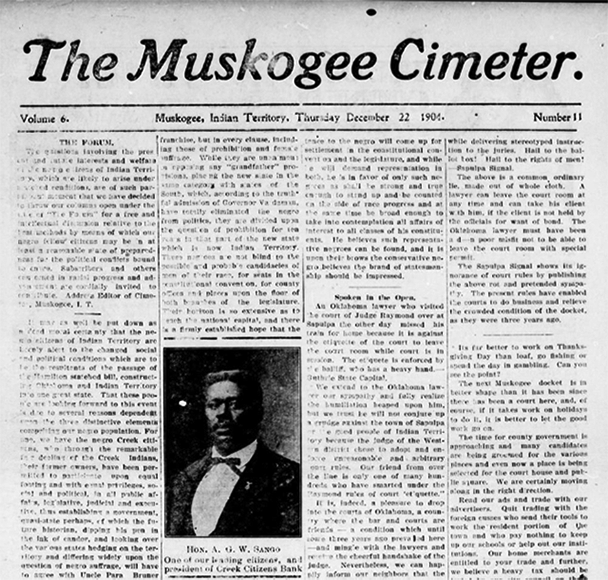 An issue of the Muskogee Cimeter, with a picture of a man surrounded by text.