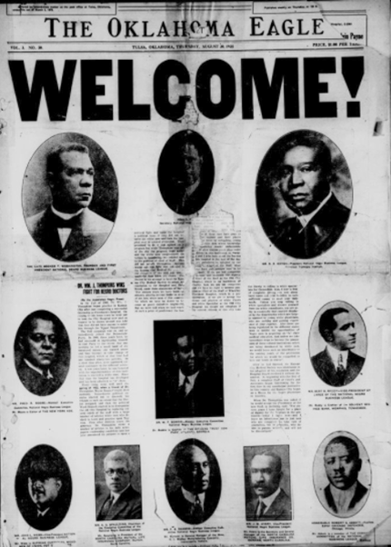 Front page of the Oklahoma Eagle showing headline reading Welcome and a number of portraits of men. 