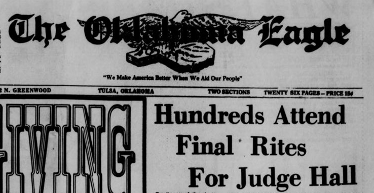 Headline from Oklahoma Eagle reads, 'Hundreds attend final rites for Judge Hall.'