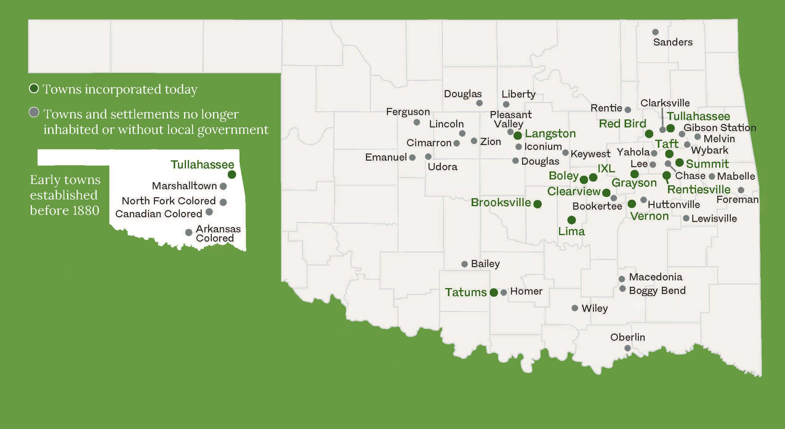 A map of the All-Black towns in Oklahoma, with dots to indicate the locations of the towns. Some of the dots are black, showing towns that no longer exist. Some of the dots are green, showing towns that are still in existence. 