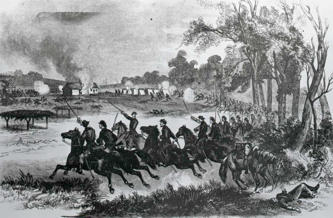 Historic illustration shows numerous mounted soldiers charging ahead. Tents and a burning structure are visible.