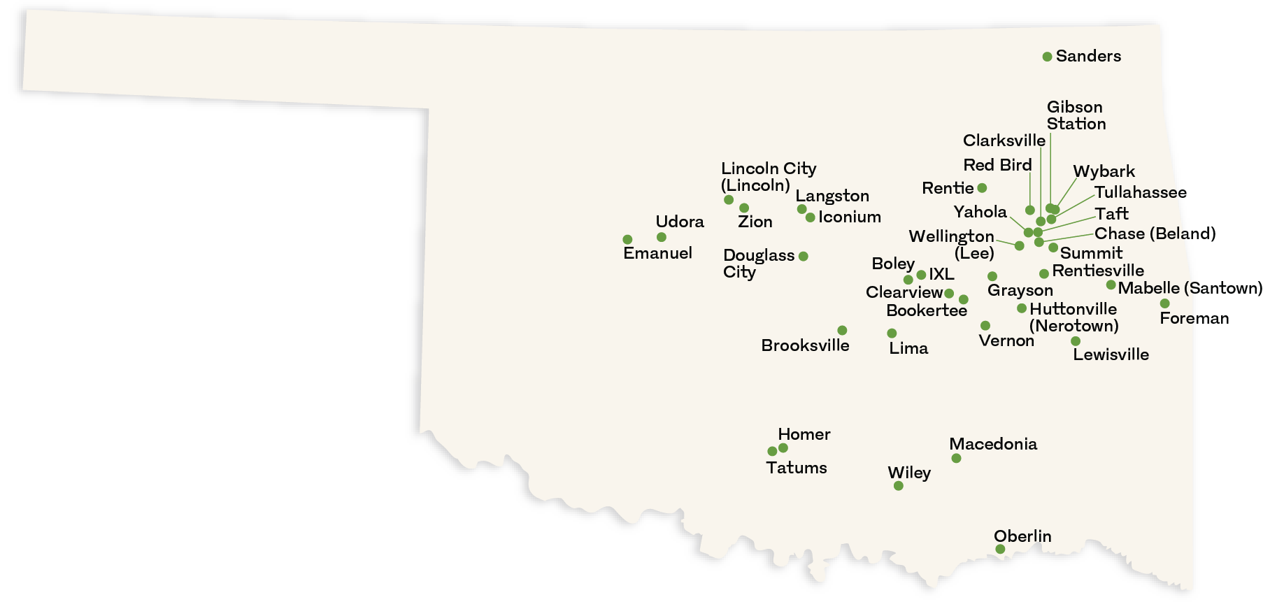 Map showing historic All-Black towns in Oklahoma