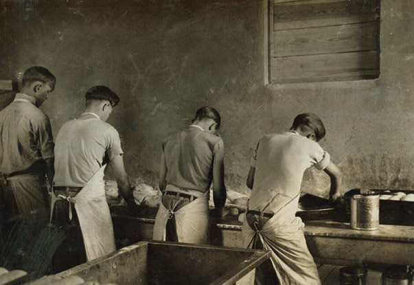 Four young men with their backs to the camera, leaned over a long counter making bread. 