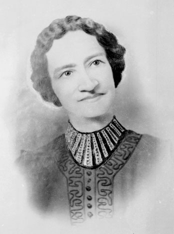 This illustrated portrait of Drusilla Houston shows her with short hair, and wearing a dress with an ornate collar