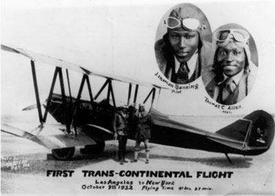 This postcard shows small portraits of Banning and Allen wearing aviators helmets and goggles, above an photograph of an airplane. The text 'First Trans-Continental Flight Los Angeles to New York' is included.