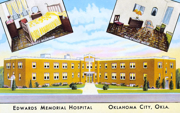 An illustrated postcard shows small images of a private bedroom and a reception room above an exterior view of a large brick building.