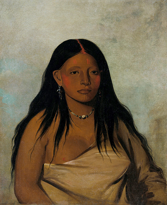 Painted portrait of an Indigenous woman with long, black hair, marks of red paint on her face, and a beaded necklace. One shoulder is bare. 