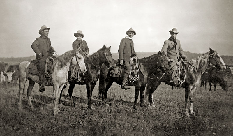 A historic photograh of four cowboys on horseback looking at the camera. Each holds a rope and wears a hat. 