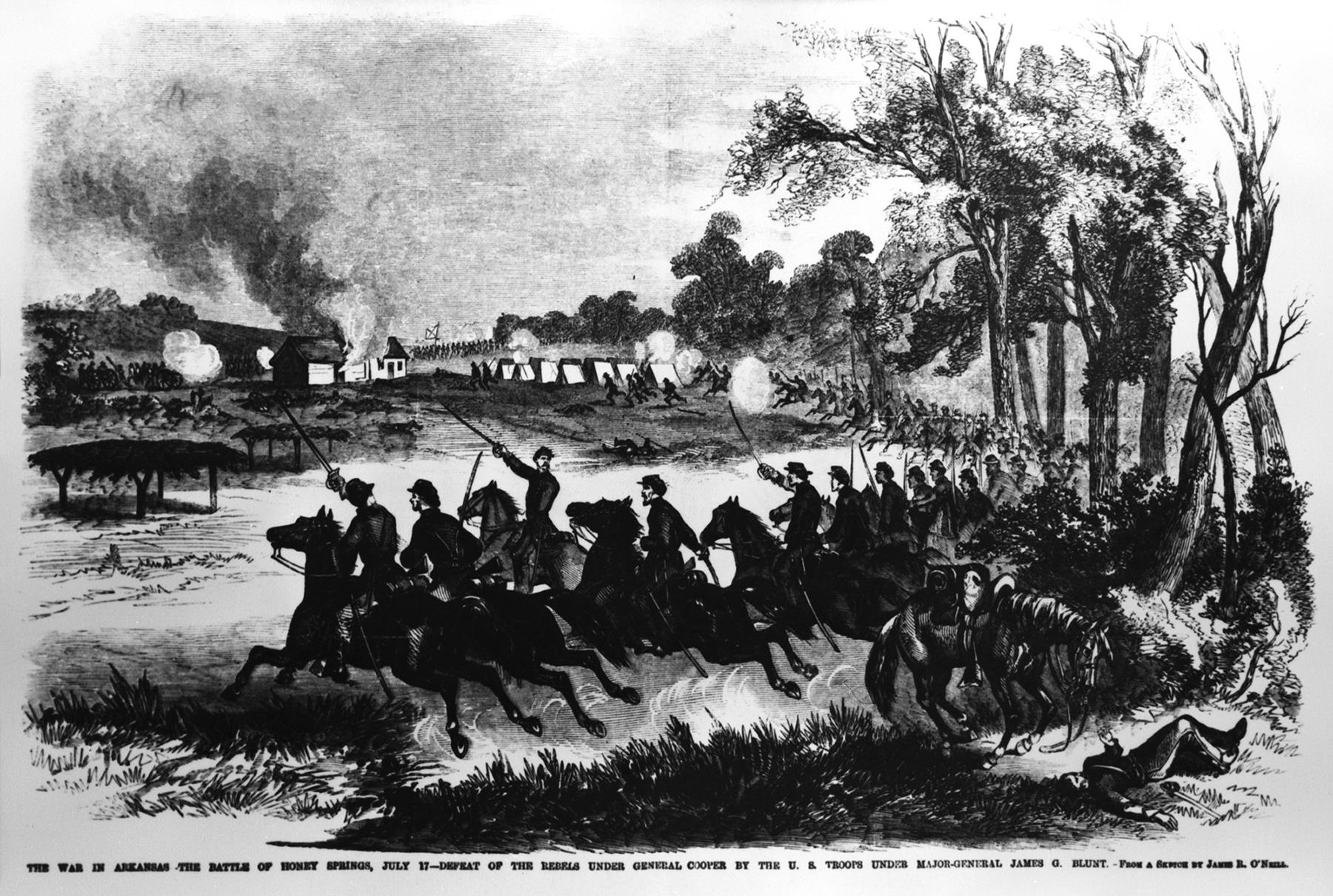 A historic illustration of a group of mounted soldiers in the foreground clustered together.  Multiple men hold their weapsons aloft as the group rides toward others in the distance. 