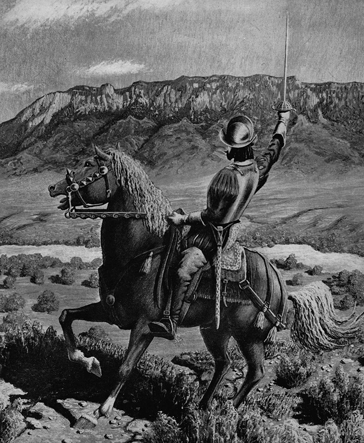 A man on horseback wearing armor and raising a sword in air in front of a valley. There is a butte in the distance. 