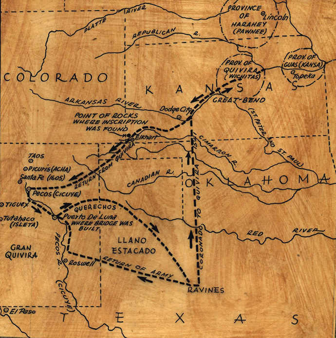 A hand-drawn map showing colorado, Kansas, New Mexico, Oklahoma, and Texas with some rivers and a dotted route showing the possible route of Coronado through the states. 