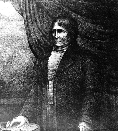 A black and white illustration of Jean Pierre Chouteau in a frock coat and ruffled shirt. 