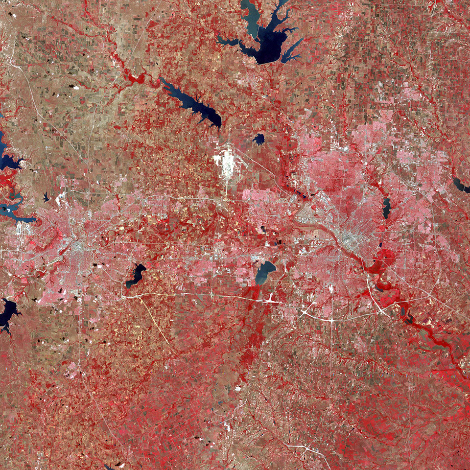 Landsat 1 First Light Image over Dallas, Texas. A few bodies of water are visible.