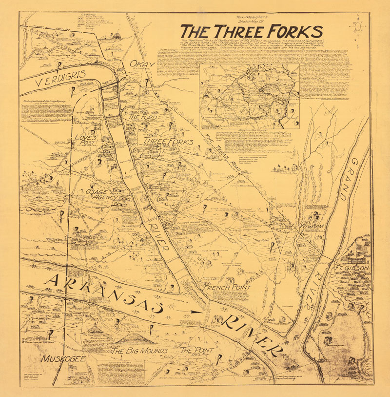 A hand-drawn map showing the Three Forks area. 