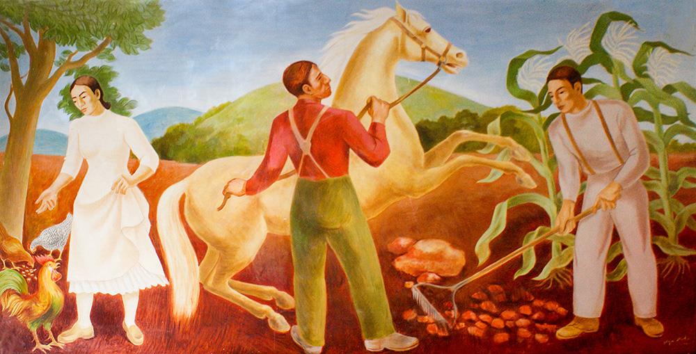 A colorful painting of three Cherokee people, two men with short hair wearing long-sleeved shirts and pants with suspenders and one woman in a white dress. The woman feeds a chicken, the man in the center handles a horse, and the other man is raking. 