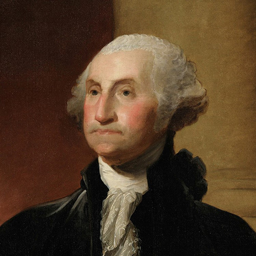 A painting of Washington, an older, white-haired man wearing high laced collar and black jacket 