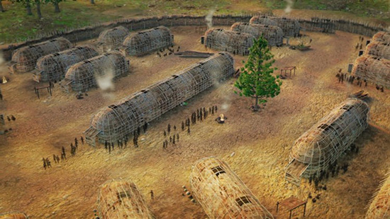 A painting of a settlement with fourteen smaller cylindrilical shelters around a larger cyndrilical shelter. In the foreground of the larger shelter are about thirty people in groupings and a green tree. 