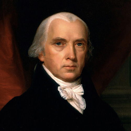 A painting of James Madison, white-haired in black coat and a white shirt and bow. 