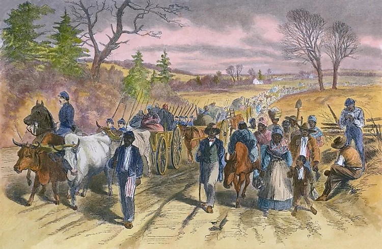 Illustration of of a long line of people through a field. In the forground are three soldiers, about ten Black people marching alongside, a wagon, two oxen, and two horses. 