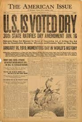 Front page of The American Issue newspaper with a large headline that reads US is voted dry. Subheading is 36th state ratifies dry amendment January 16