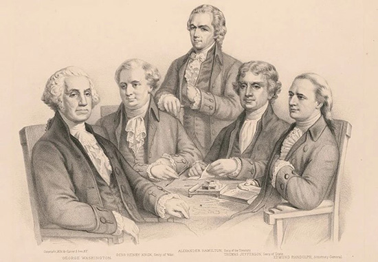 A rendering of four men in jackets and vests with light-colored high collars around a table. 