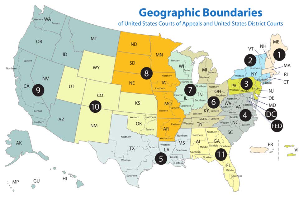 A map titled geographic boundaries of United States Courts of Appeals and United States District Courts showing judicial districts.