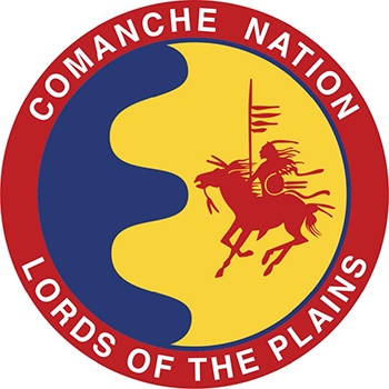 A red outer circle reads Comanche Nation Lords of the Plains. The interior circle has a three-pronged blue color field on the left, a yellow field on the right with a person astride a horse holding a spear and shield. 