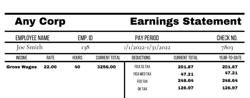 A sample pay stub showing tax deductions